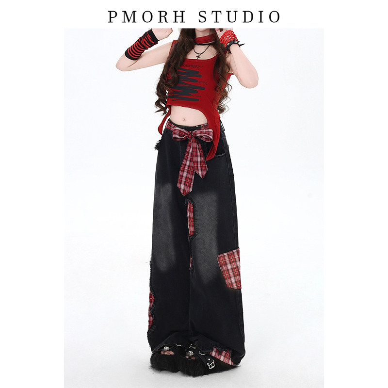 PMORH美式甜酷街头破洞红格牛仔裤女秋冬新款宽松直筒阔腿长裤子,淘宝优惠券,粉丝福利购,淘宝优惠卷
