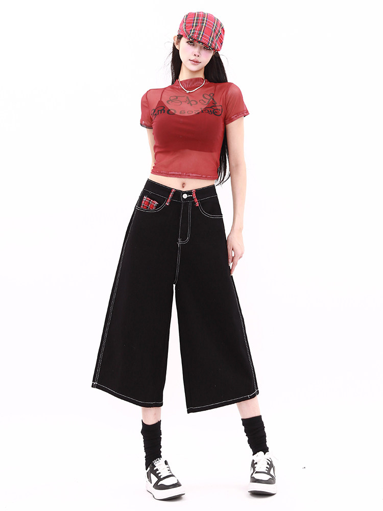 PMORH 美式复古格子拼接牛仔七分裤女秋冬低腰宽松黑色工装中短裤,淘宝优惠券,粉丝福利购,淘宝优惠卷