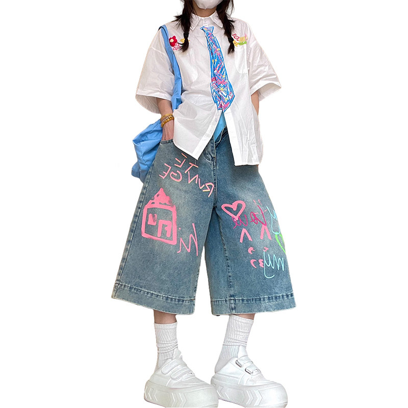 PMORH美式涂鸦设计感牛仔七分裤女2026秋冬新款宽松直筒阔腿中裤,淘宝优惠券,粉丝福利购,淘宝优惠卷