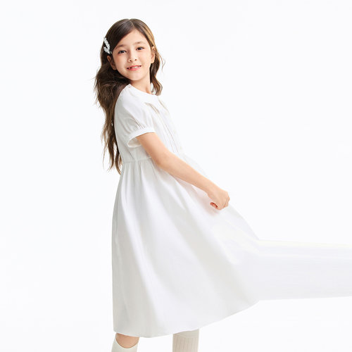 安奈儿女童装纯棉翻领短袖连衣裙2026夏新款甜美公主裙白色A字裙 - 图1