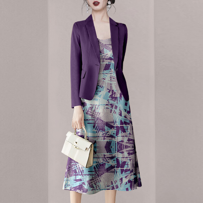 MeiXi定制秋季女2023新款名媛气质套装紫色西服印花连衣裙两件套