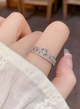 小众时尚设计感微镶皇冠开口戒指女个性轻奢百搭超闪食指戒女