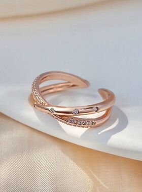 简约交叉食指戒指女ins潮网红时尚个性可调节微镶玫瑰金指环