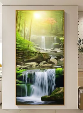 流水生财玄关风景挂画入户走廊过道正对门风水壁画源远流长山水画