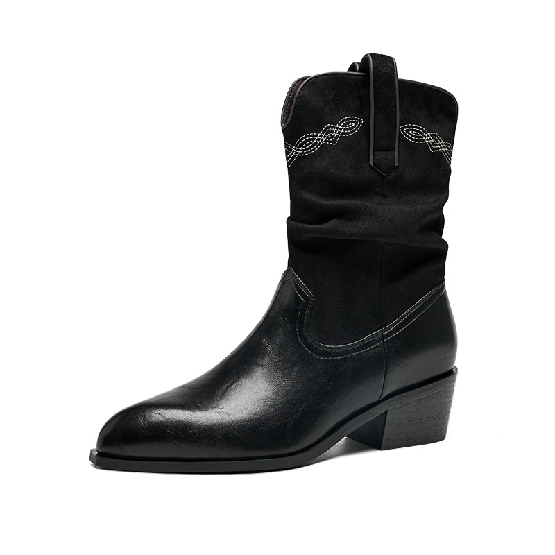 ZHR则则复古中筒西部牛仔短靴美拉德2025冬季新款粗跟高跟堆堆靴 - 图3