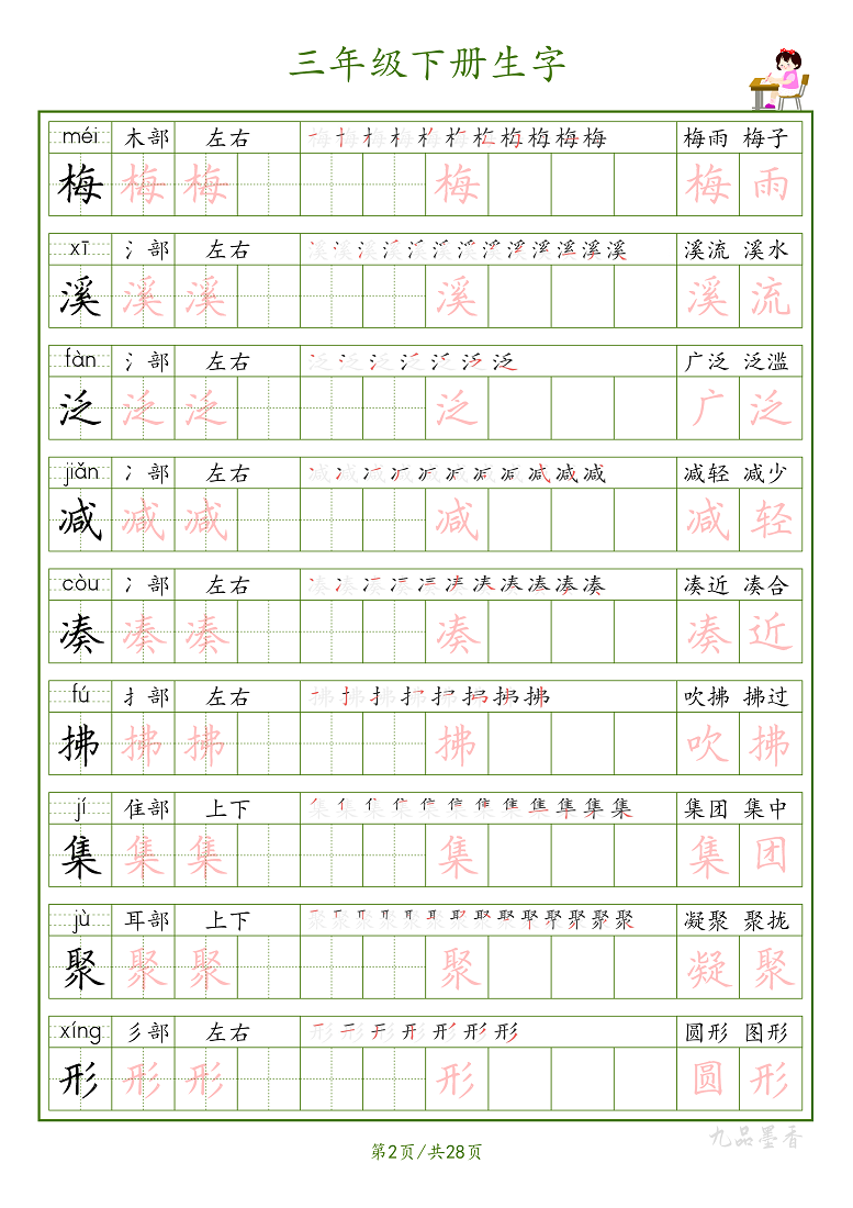 三年级下册生字组词笔顺字帖电子版学生描红帖单行清晰需打印28页 - 图1