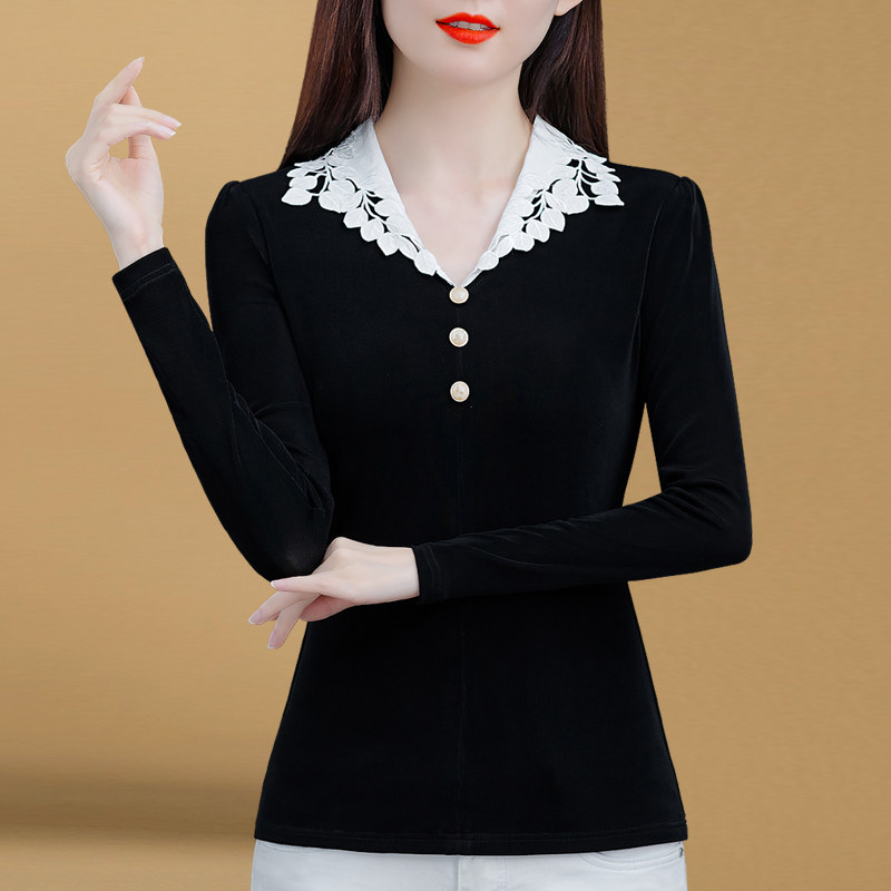 百搭洋气2021新款拼接气质秋冬小衫 花墙薇薇服饰蕾丝衫/雪纺衫