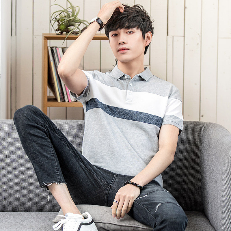 短袖拼色日系条纹男士翻领潮polo衫 狼啸T恤
