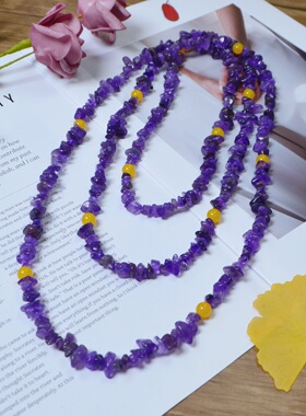 高档女百搭紫水晶挂链项链长款两圈紫色时尚复古风长款毛衣链多层