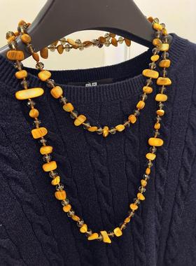 紫色精致通勤贝壳串珠项链小众设计感超长款毛衣链双层衣服配饰女