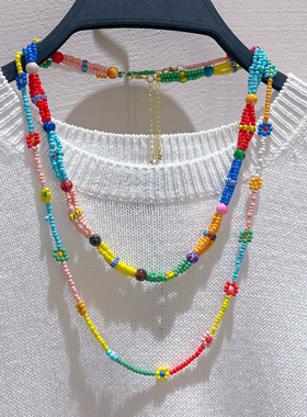 春夏新款手工编织双层彩色米珠花朵项链波西米亚串珠叠戴锁骨链女