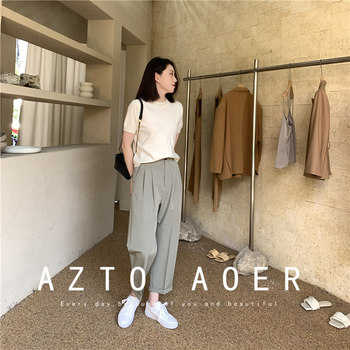 Clearance spring and summer new commuter Korean version pink curled anti-wrinkle thin-waisted straight suit pants casual pants ສໍາລັບແມ່ຍິງ