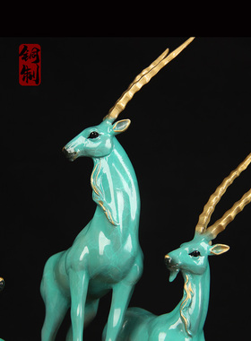 黄铜彩绘蓝铜三羊开泰摆件中式