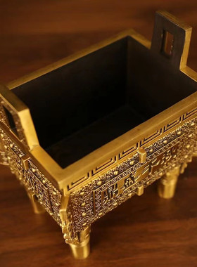 鼎纯黄铜全铜四方鼎招财鼎摆件全铜双龙盛鼎大号盛鼎四方鼎开业礼