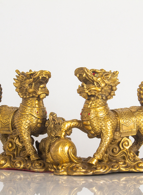 纯黄铜麒麟摆件公母雌雄一对大号客厅家居摆设母子戏球精工装饰品