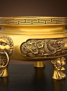 纯黄铜双龙香炉三足圆鼎供奉