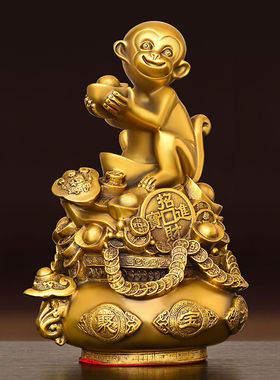 纯黄铜猴子摆件金猴献宝聚宝盆如意猴客厅办公室装饰品生肖猴福猴