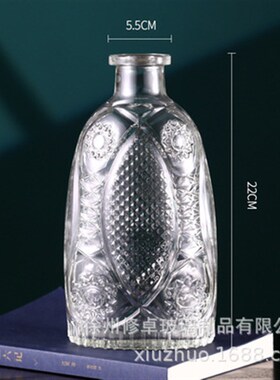 马德里浮雕复古花纹玻璃花瓶透明水培插花瓶客厅书房插花器摆件