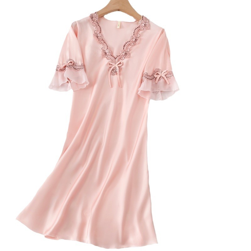 自带胸垫冰丝短袖睡裙女夏季薄款带Bra丝绸连衣裙性感睡衣家居服 - 图3