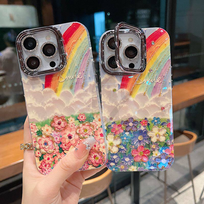 适用苹果系列iPhone16ins风小众新款手机壳15promax大孔支架镜框升级款14pro/13pro油画彩虹花海女款保护套