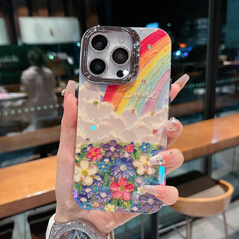 适用苹果系列iPhone16ins风小众新款手机壳15promax大孔支架镜框升级款14pro/13pro油画彩虹花海女款保护套