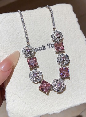 玫瑰花朵天然锆石925银针耳环项链套装轻奢高级感饰品