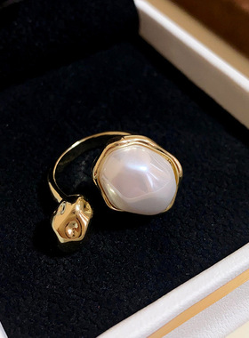 巴洛克珍珠戒指女 轻奢小众设计高级感开口指环