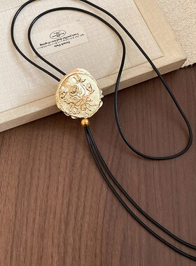 皮绳印花花朵几何圆形吊坠项链简约时尚百搭项饰小众设计感毛衣链
