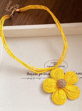 手工编织太阳花项链925银针耳环套装 花朵项链choker海边度假风