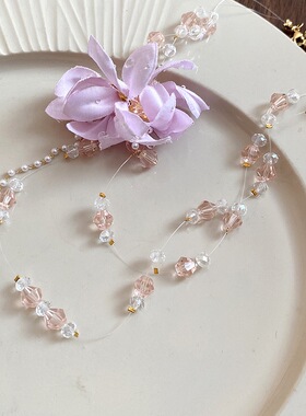 雪纺布花朵吊坠项链百搭小清新小众锁骨链时尚氛围感小众配饰