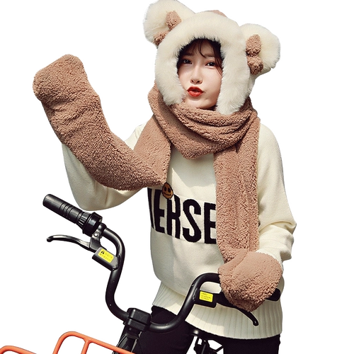 Милый бархатный шарф, шапка, зимние перчатки, удерживающий тепло комплект, популярно в интернете, плюшевый, 3 предмета