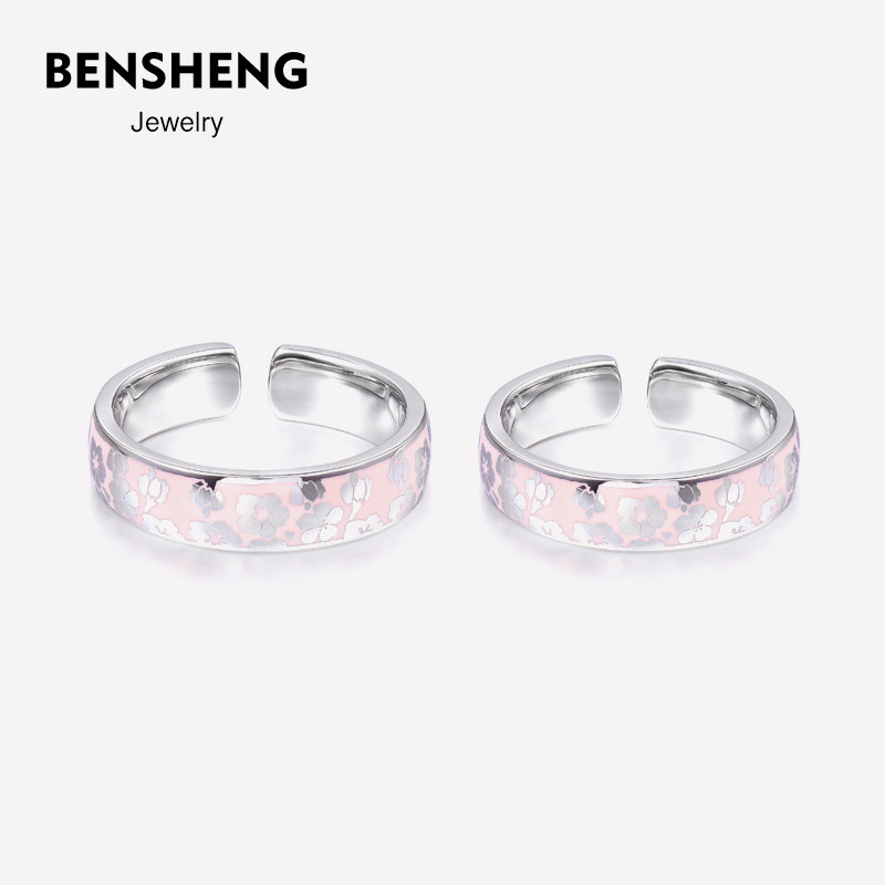 bensheng纯银冷珐琅樱花结婚对戒指 本笙戒指/指环