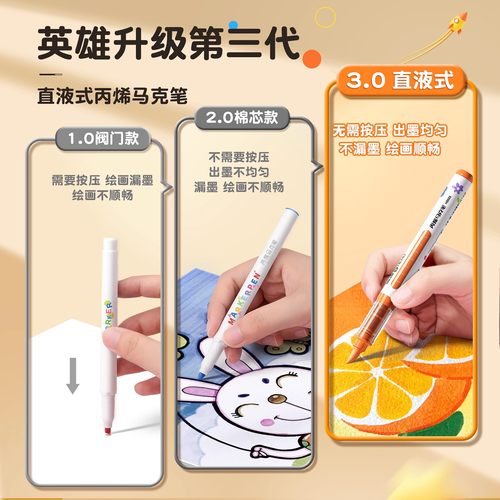 英雄直液式丙烯马克笔高颜值软头水彩笔儿童可洗无毒小学生美术专用画画笔不透色可叠色绘画笔24色笔芯涂色笔-图0