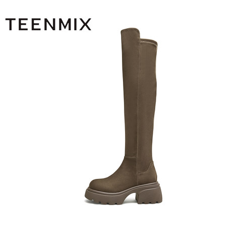 天美意冬新款高筒靴显瘦百搭一脚蹬厚底女弹力靴KTX11DC4 - 图0