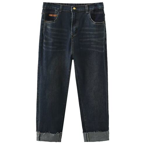 100-200斤翻边牛仔裤大码 胖mm秋季松紧高腰显瘦高弹力直筒烟管裤 - 图3