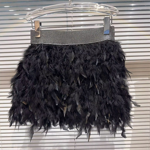 网红同款2025秋季新款性感辣妹名媛羽毛毛松紧腰短裙包臀裙半身裙 - 图1