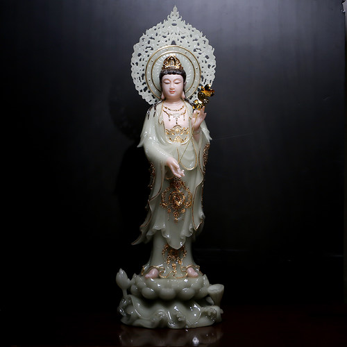 圆通佛具西方三圣汉白玉摆件翠玉阿弥陀佛观音菩萨佛像观世音站像 - 图2