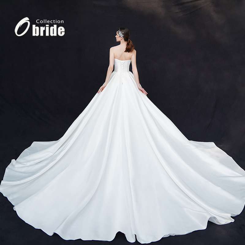 Obride【慕白】新娘婚纱2024新款简约法式缎面大拖尾主婚纱定制-图1