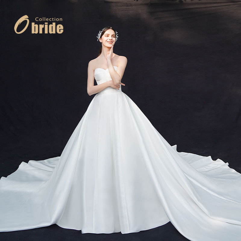 Obride【慕白】新娘婚纱2024新款简约法式缎面大拖尾主婚纱定制-图2