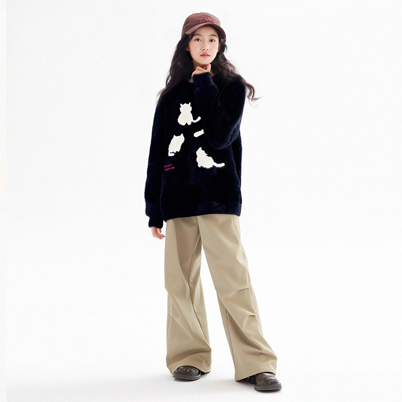 MSYJ 猫咪剪影毛衣女童秋冬宽松休闲圆领加厚软糯针织上衣 - 图2