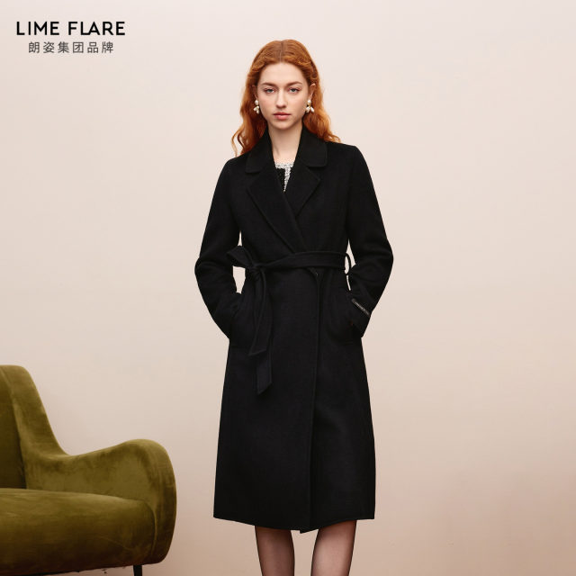 朗姿莱茵福莱尔100%绵羊毛大衣女富家千金法式气质长款毛呢外套冬