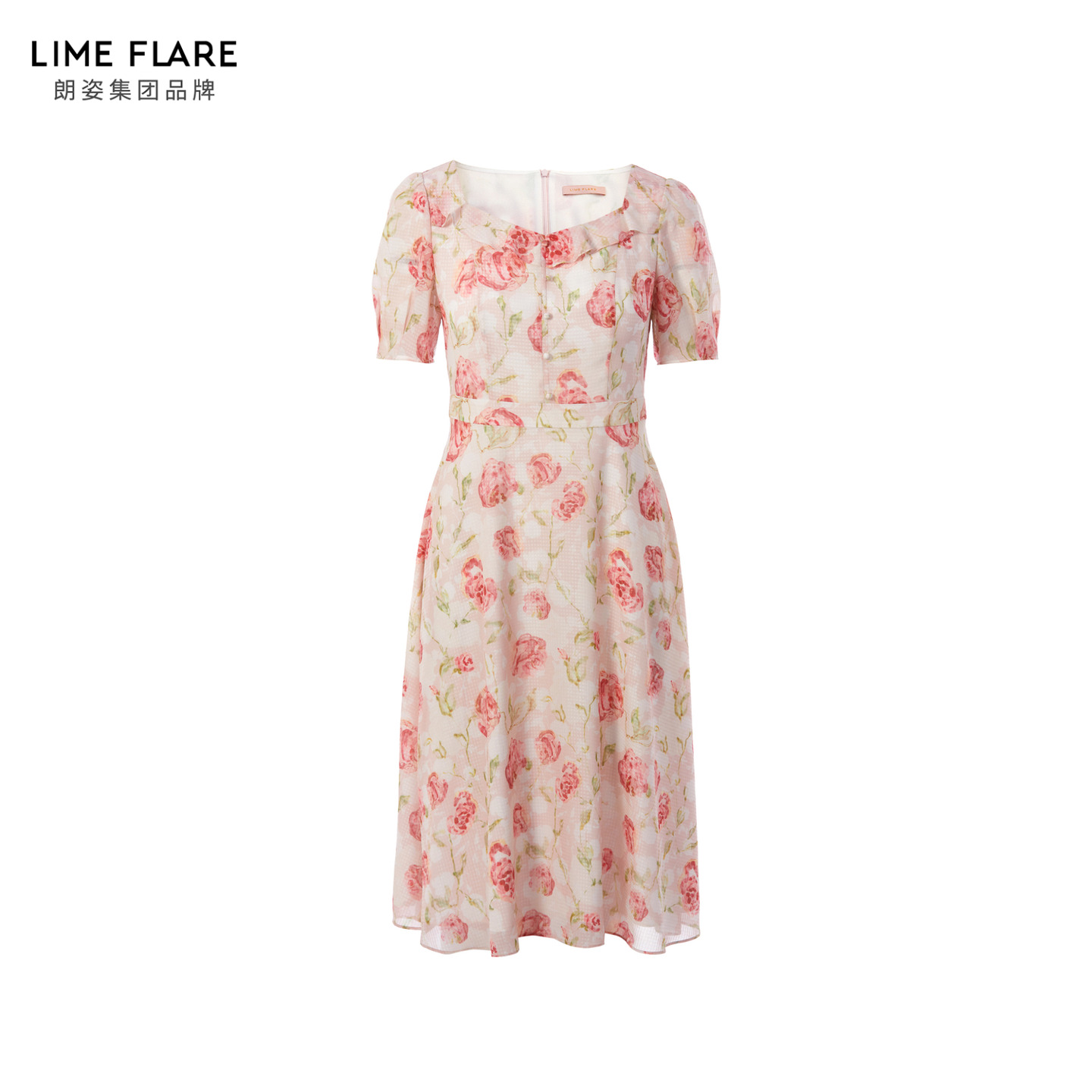 莱茵福莱尔limeflAre连衣裙度假粉色碎花裙女装气质v领A字连身裙 - 图3