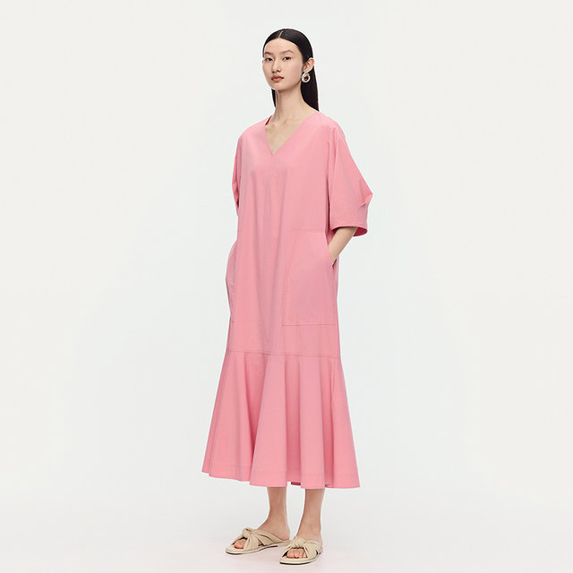 AUM 2025 summer new V-neck puff sleeve spliced ​​fishtail doll dress