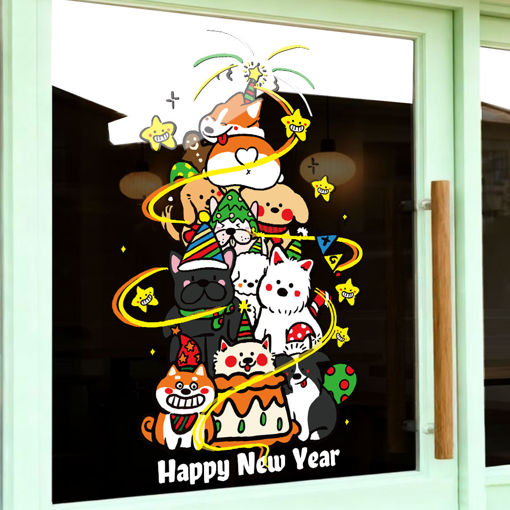 2026新年圣诞节卡通小狗橱窗玻璃装饰布置贴纸UV静电窗花窗贴门贴 - 图0