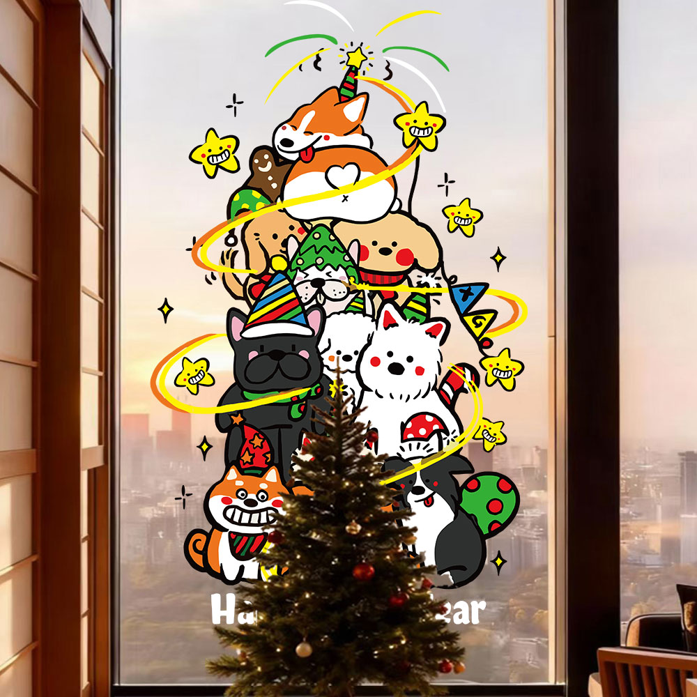 2026新年圣诞节卡通小狗橱窗玻璃装饰布置贴纸UV静电窗花窗贴门贴 - 图2