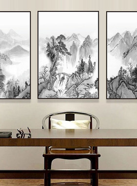 新中式灰白色调山峰风景三联大气装饰画公司会客室茶桌背景墙挂画