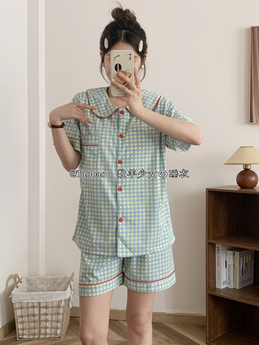 甜美ins格子纯棉睡衣女夏季带胸垫薄款学生宽松可外穿家居服套装 - 图0