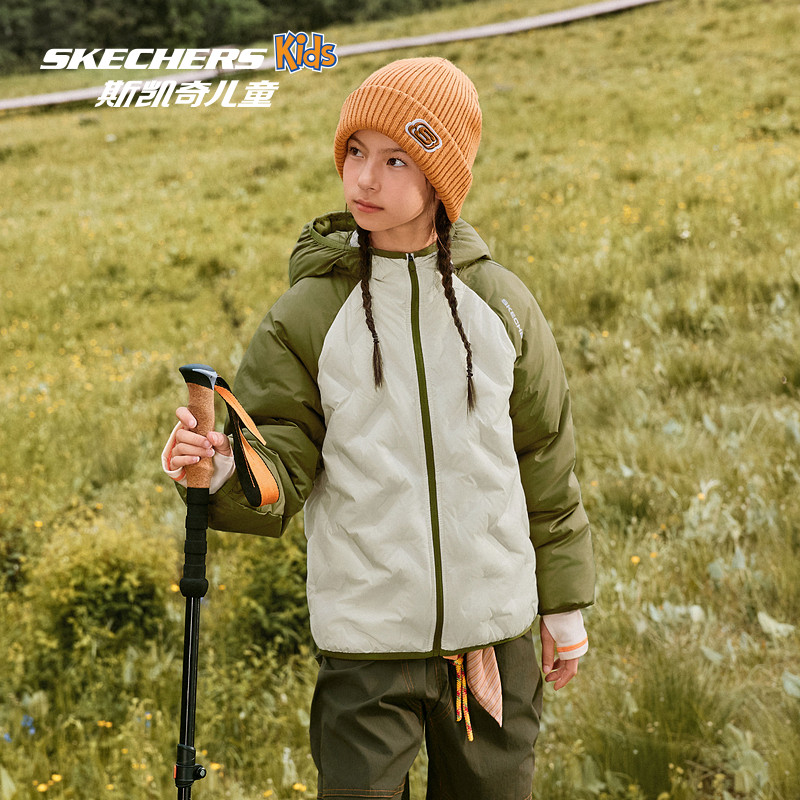 Skechers children's down jacket men's and women's same style 2025 winter fluffy, soft and comfortable hooded jacket