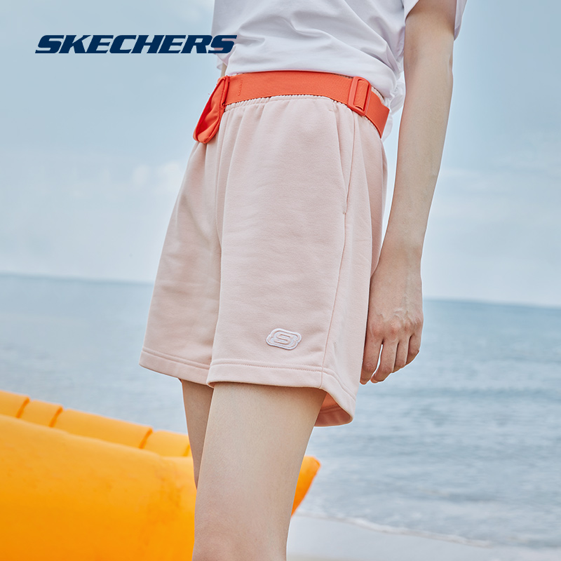 Skechers斯凯奇白色短裤男女同款宽松休闲运动裤纯色情侣针织裤子