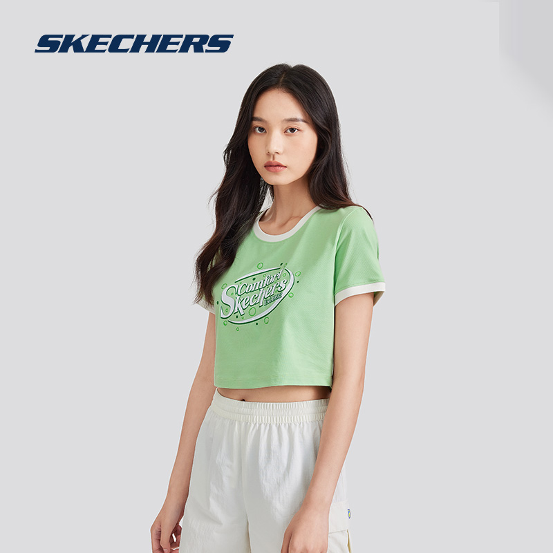 Skechers2024新款女式速干凉感圆领短袖运动T恤修身白色宽松上衣